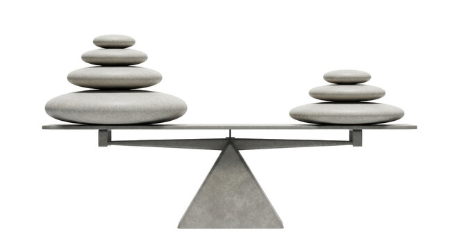 Isolated balance scales with stack of stones representing harmony, stability and equilibrium