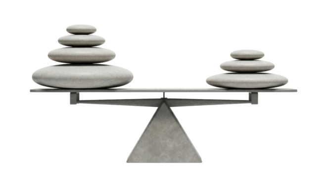 Isolated balance scales with stack of stones representing harmony, stability and equilibrium
