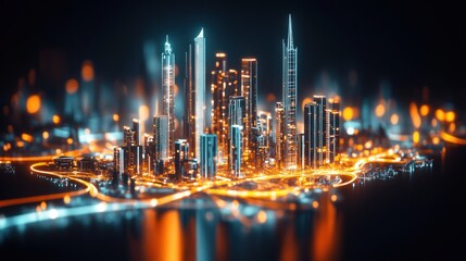 Fototapeta premium Futuristic city skyline at night, glowing with vibrant lights and intricate network of roads
