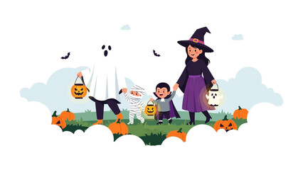 Naklejka premium Spooky Halloween Gathering: An illustration of a spooky and sweet Halloween scene featuring happy children in Halloween costumes, surrounded by pumpkins and festive decorations.