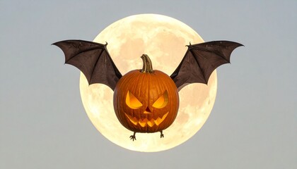 A bat winged pumpkin creature flying against a pale yellow moon background
