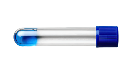 Clear glass test tube with blue cap, filled with blue liquid