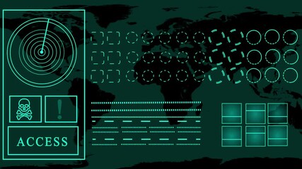 Futuristic cybersecurity HUD interface with world map and data icons. Global digital hacking screen with radar visualization and access monitoring. - Powered by Adobe