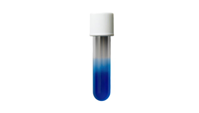 A clear test tube filled with a gradient of blue liquid, topped with a white cap