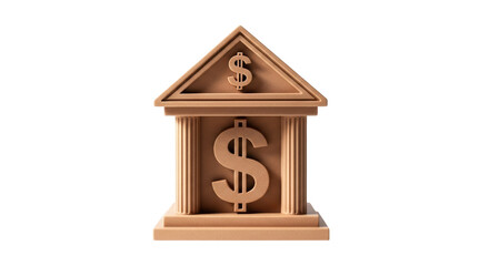 Isolated wooden bank symbol on display featuring dollar signs denoting financial savings