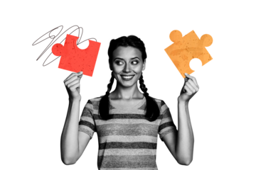 Collage image picture of cheerful pretty nice woman hold puzzle element isolated on drawing background