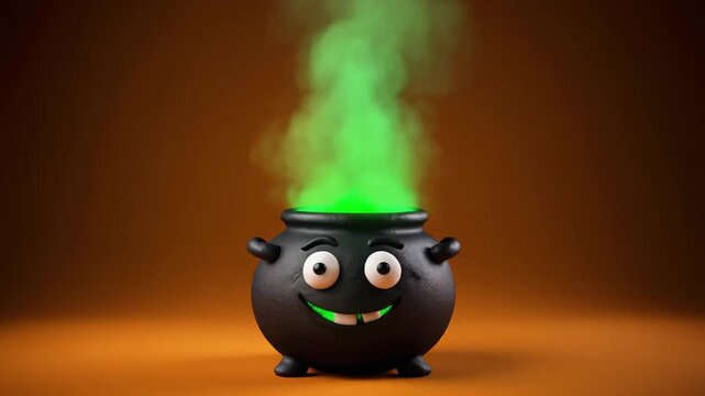 Ultra HD slow motion footage of black witches cauldron bubbling with green smoke rising against a seamless dark orange background with eerie cinematic lighting sharp details and spooky atmosphere perf