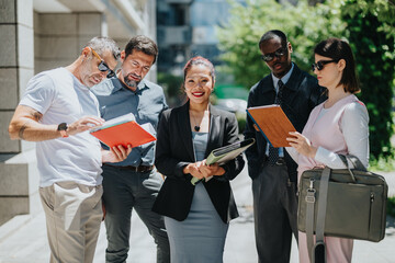 A team of multi-ethnic business coworkers discussing work while outdoors in a casual setup....
