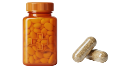 Isolated Bottle of Medication with Vitamin Pills and Herbal Medicine Supplements Capsules