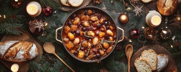 A festive Christmas table with a traditional stew filled with beans, tofu, vegetables and winter herbs, surrounded by holiday decorations and candles.