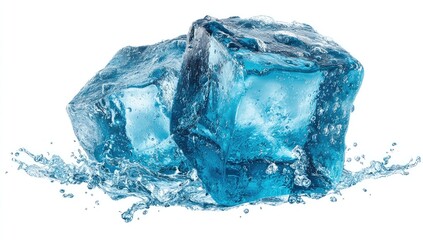 Obraz premium Two vibrant blue ice cubes, nestled together, are immersed in a splash of water