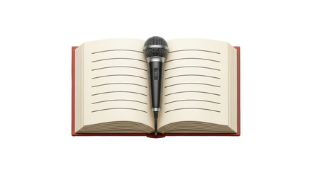 Isolated Podcast concept image of a microphone on an open book for a creative writing project