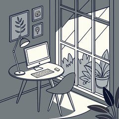 Minimal home office illustration with computer desk lamp chair and large window with plants creating modern cozy workspace for remote work productivity and creative design concept