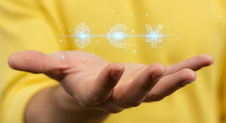 A hand opens to reveal glowing currency symbols of the US dollar, Euro, and Yen, representing global finance and economic exchange