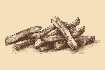 French fries illustration in a vintage style. This vector illustration can be used in any size you like for advertising, logos, and other work.