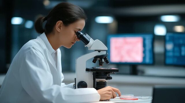 A scientist examines gene edited bacteria under a microscope with slides stained objectives focusing screens showing cells and petri dishes nearby presented in a vibrant photo