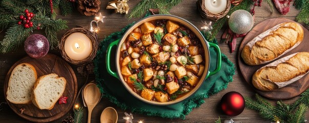 A festive Christmas table with a traditional stew filled with beans, tofu, vegetables and winter herbs, surrounded by holiday decorations and candles.