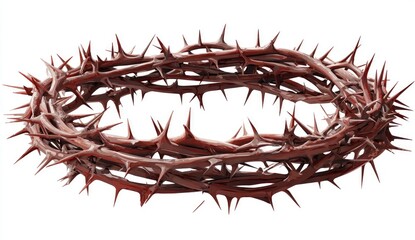 Fototapeta premium Crown of thorns, a reddish-brown circlet, dense with sharp thorns, sits on a plain white background. Its intricate, circular shape emphasizes the painful nature of the religious artifact