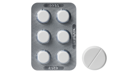 Isolated blister pack of pills, medicine tablet split in two, prescription pharmaceutical item