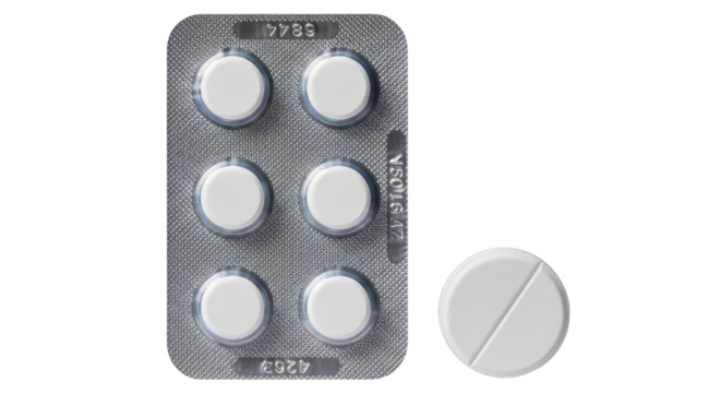 Isolated blister pack of pills, medicine tablet split in two, prescription pharmaceutical item