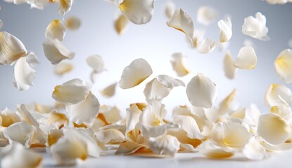 Delicate white rose petals, light beige/yellow undertones, gracefully falling