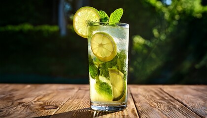 a tall glass of refreshing lemonade with ice and a lime wedge garnished with fresh mint sits on a wooden table