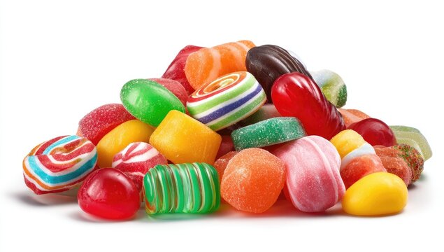 A colorful heap of assorted candies.  A variety of hard and soft candies in bright, vibrant colors are piled high against a plain white background.  Different shapes and textures are visible