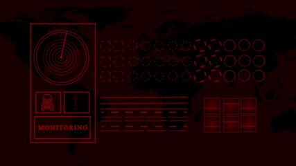 Animated monitoring interface with a world map background, featuring a radar screen, data displays, and security alerts for tracking global activity and potential threats.