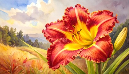 Vibrant Red and Yellow Daylily in Watercolor Landscape