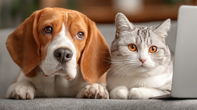 Adorable beagle dog and fluffy gray tabby cat sitting side by side indoors, looking curiously at a laptop screen with warm natural lighting