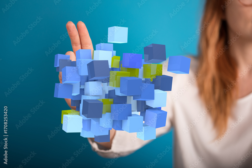 Poster abstract image of woman interacting with floating data cubes. perfect for tech, innovation, and data