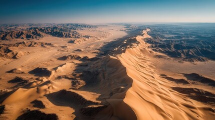 An expansive desert landscape from a birds-eye view, golden sands sculpted into mesmerizing patterns
