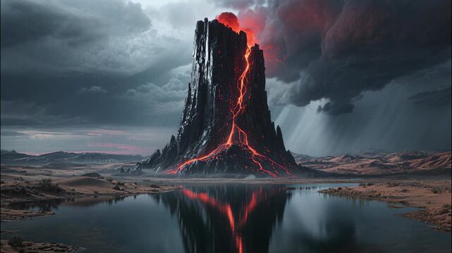 Dark volcanic tower with glowing lava cracks reflected in desert lake, slow motion

