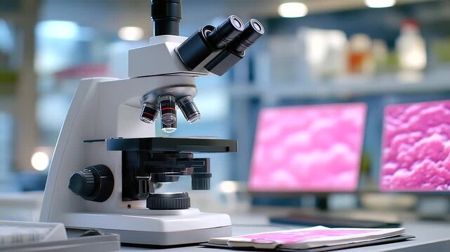 A team studies telomere maintenance in a cancer research lab with microscopes focusing slides stained for telomerase screens showing cell images and a notebook logging results