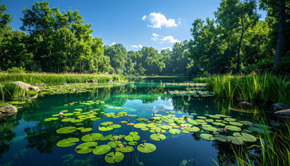 Fototapeta premium Tranquil Pond with Lily Pads and Flowers