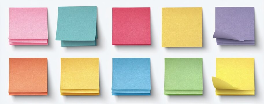 Colorful square sticky notes arranged in a grid, various shades of pastel colors, some with curled edges