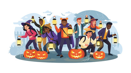 Halloween Lantern Parade: A joyful and diverse group of friends parades through the night on Halloween, each carrying a warm glowing lantern alongside carved pumpkins.