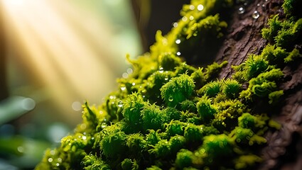 Sunlight illuminates vibrant green moss covered in dew drops on a textured surface in a forest setting
