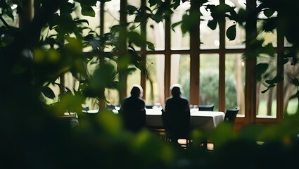 Silhouetted figures stand before a large window in a dimly lit room framed by lush green foliage