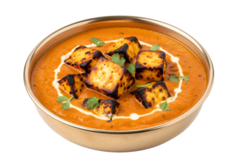 A close-up view of flavorful paneer tikka masala, showcasing the golden-brown cubes of paneer in a rich, creamy tomato-based sauce.