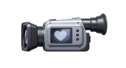 Isolated silver handheld digital camcorder with heart image on screen, cinematic capture © Natasha