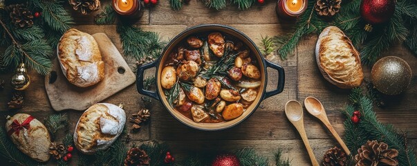 A festive Christmas table with a traditional stew filled with beans, tofu, vegetables and winter herbs, surrounded by holiday decorations and candles.