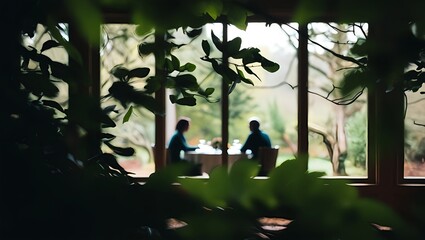 Silhouettes of two people sharing a meal at a table framed by lush green foliage and a large window overlooking a forest