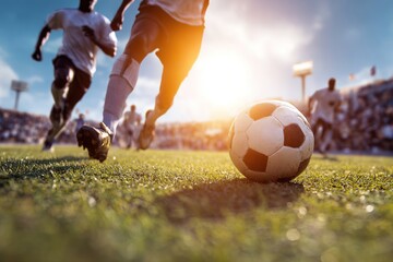 A group of diverse male soccer players running on a green field during a match. A black and white soccer ball is in the foreground with a bright sunset in the background.