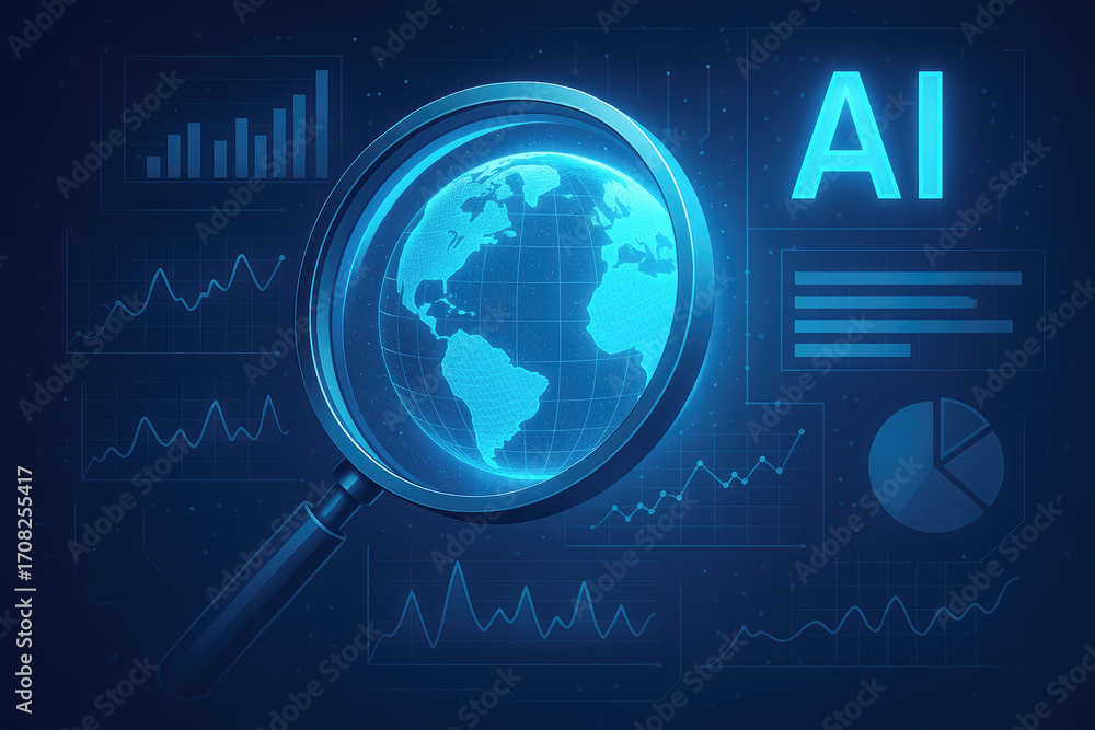 Aufkleber magnifying glass over a glowing digital globe with ai and data charts in the background artificial i