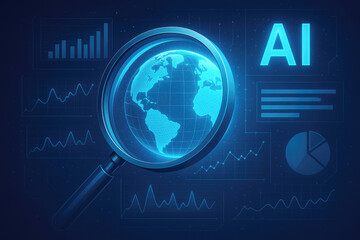 Magnifying glass over a glowing digital globe with AI and data charts in the background artificial intelligence