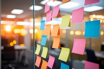Colorful sticky notes on a glass office wall representing ideas planning and collaboration in a modern workspace