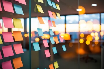 Colorful sticky notes adorn a glass wall reflecting a vibrant sunset in a modern office space