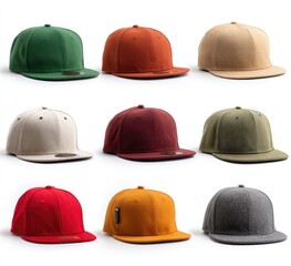 Nine flat-brimmed caps in various colors