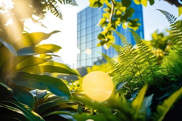 Lush greenery and sunlight filter through leaves towards a modern glass skyscraper in an urban oasis